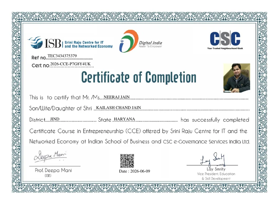 Certificate of Completion — Certificate Course in Entrepreneurship, ISB and CSC — Neeraj Jain